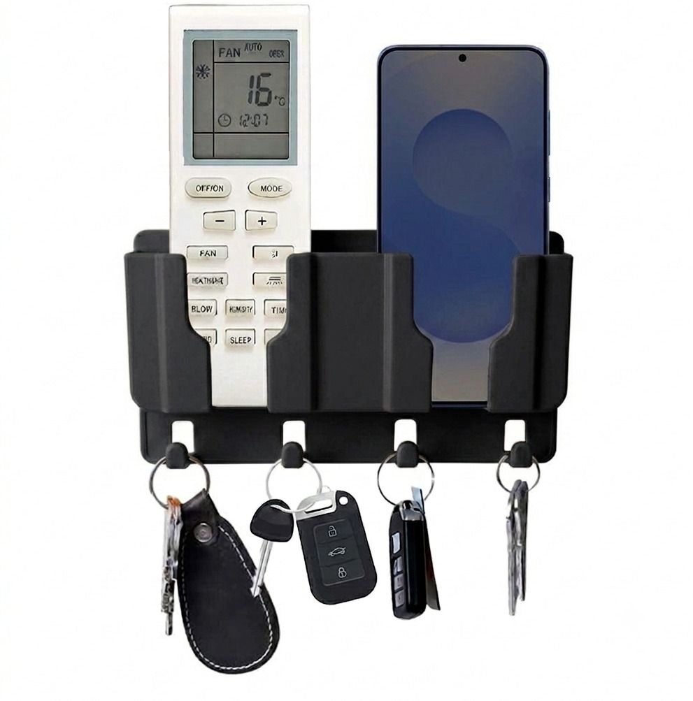 Zerick Wall Mount Mobile/Remote Stand with Space for 2 Mobiles & Key Hanger - Black Mobile Holder-image-39