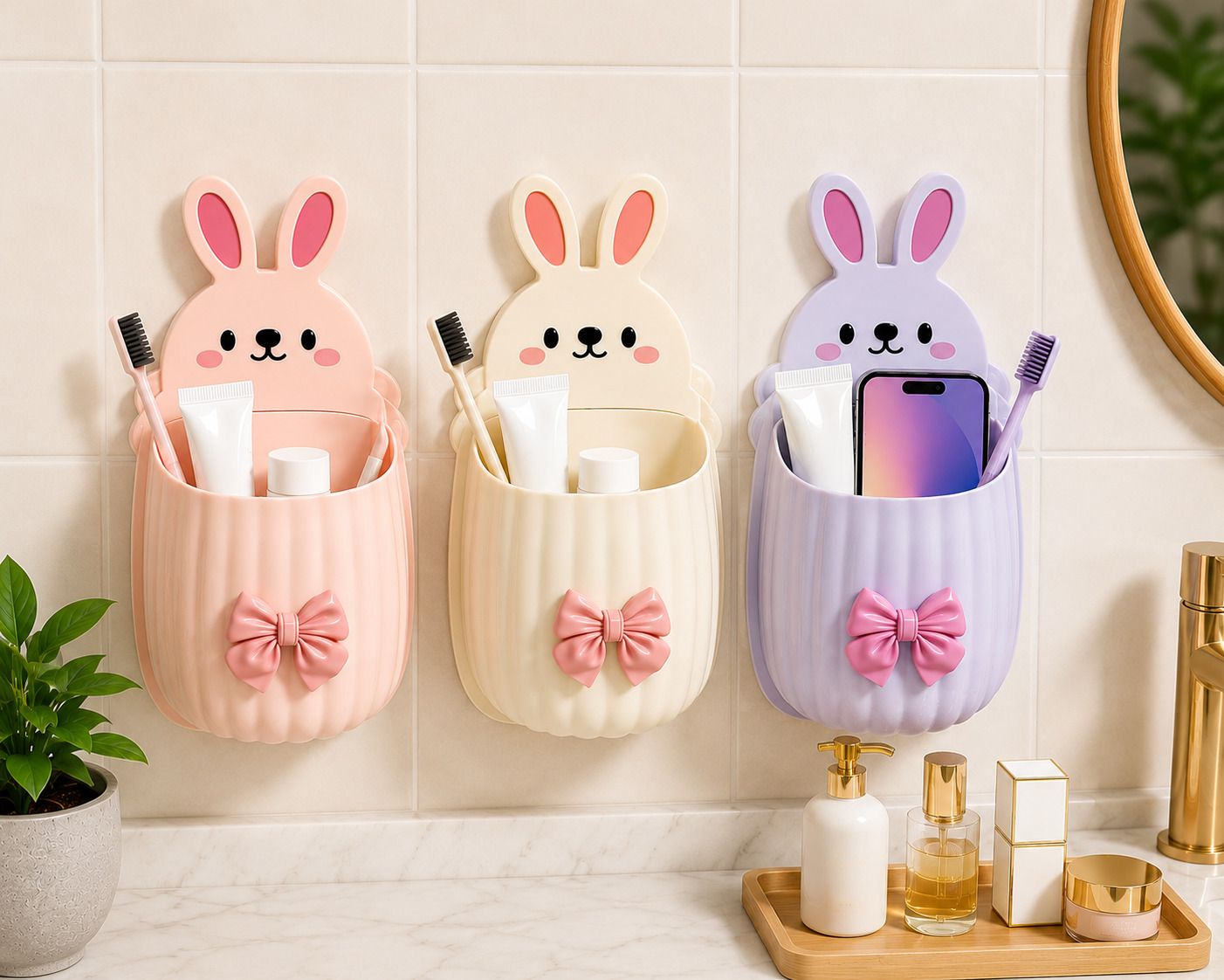 Denzo Pack of 3 Cute Bunny Wall Mounted Desk Organizer Pen & Phone Holder Storage Set Mobile Holder-image-2