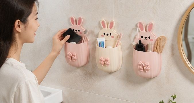 1 Pc Bunny Wall Mounted Multipurpose Bathroom,cosmetic organizer Storage Holder Plastic Wall Shelf-image-33