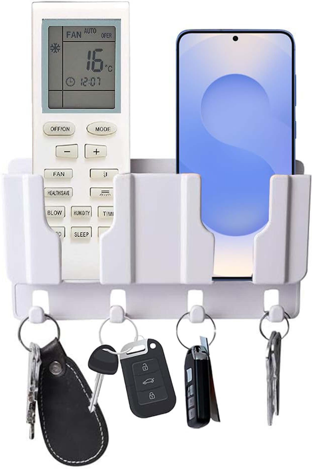Zerick Wall Mount Mobile/Remote Stand with Space for 2 Mobiles & Key Hanger - White Mobile Holder-image-12