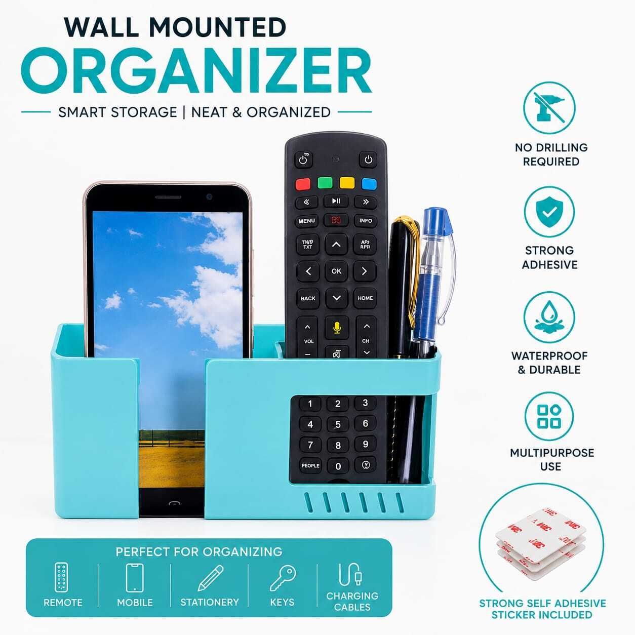FLYBY Wall Mounted Mobile Holder with Remote Stand, Key Hanger & Pen Organizer 1 Pics Mobile Holder-image-33