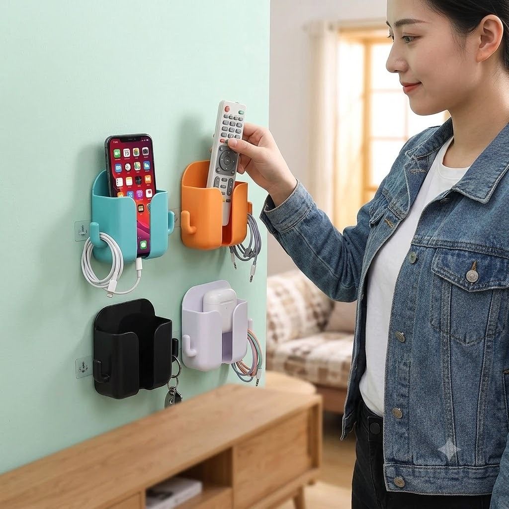 Nari Vesh Premium Wall Mount Phone Holder & RemoCable Hooks - No Drill (White, Pack of 4) Mobile Holder-image-4