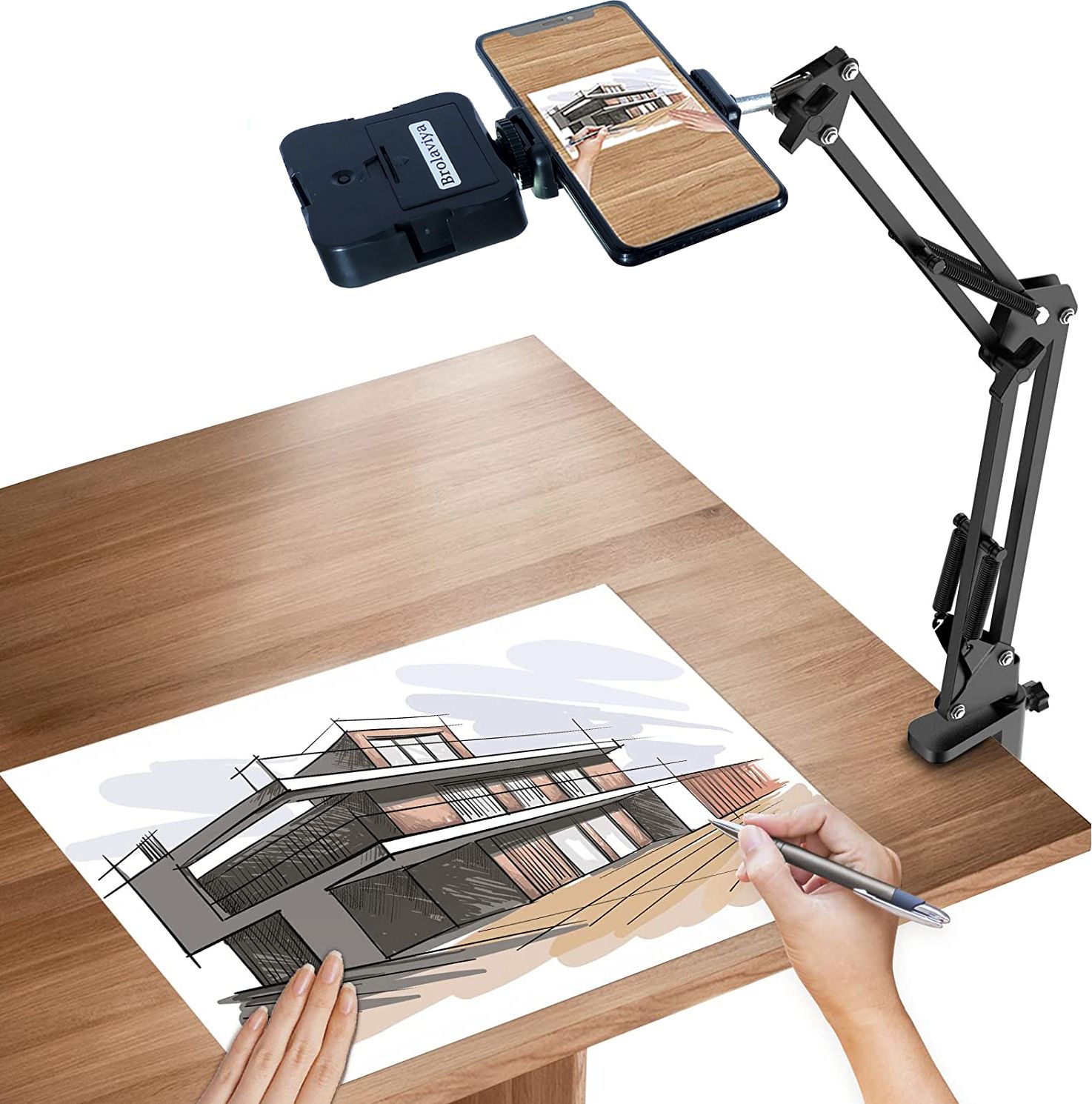 BROLAVIYA Overhead Mobile Stand with LED Video Light, Metal Long Arm,1/4" Ball Head Male Mobile Holder-image-47