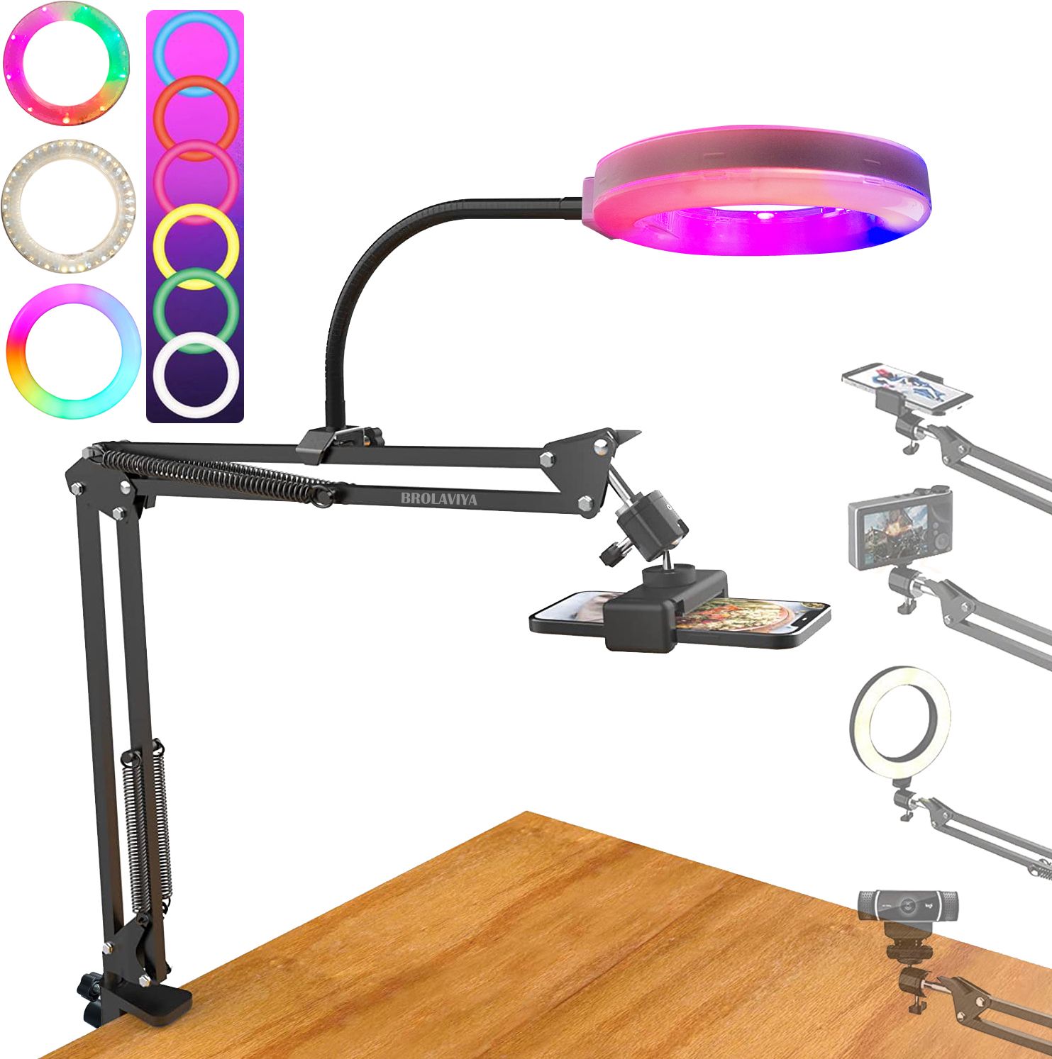 BROLAVIYA Mobile Stand New 3D LED 6 Inch RGB Ring Light, 2 Way Base Clamp, 1/4" Ball Head Mobile Holder-image-1