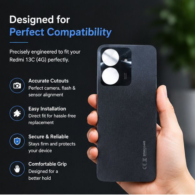 SPARECARE XIAOMI REDMI 13C 4G ( with Proper Brand LOGO) GLASS ( Midnight Black Back Panel-image-4