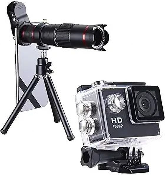 Lipzie Combo C608 20X 4K HD Lens Kit & 1080P 12MP Action Camera, Waterproof. Mobile Phone Lens