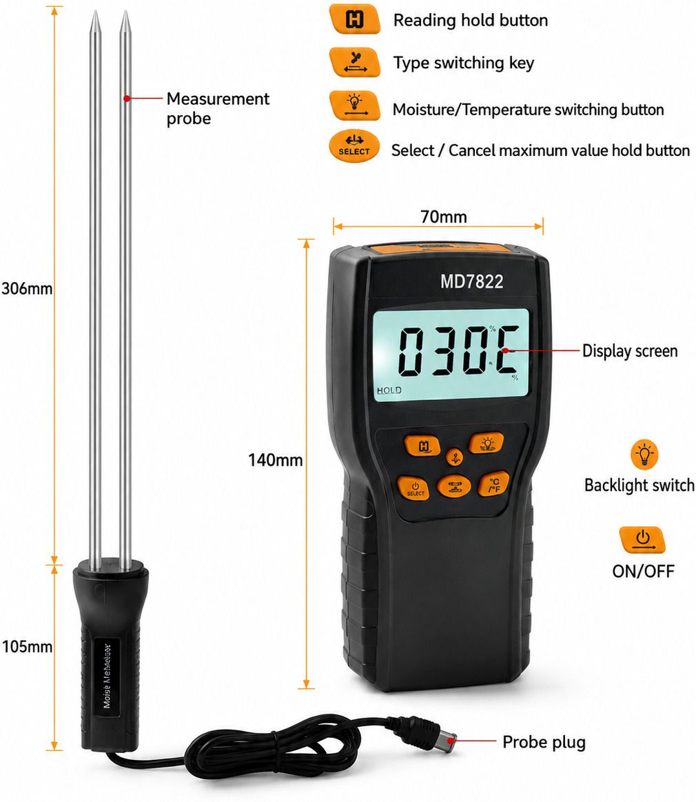 tech inspire MD7822 Digital Grain Moisture Meter for Rice, Wheat, Paddy & Corn Digital Grain Moisture Testing Device with LCD Display Pin-Type Digital Moisture Measurer-picture-1