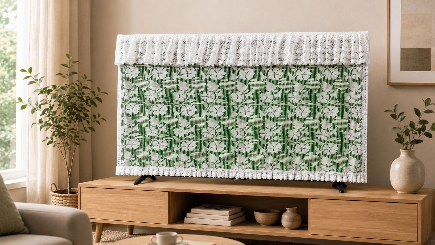 Elina Enterprises Premium Dust Cover for LED & Smart TVs | 32X22inch | Green Flower | 5inch lace for 32 inch Tv & Monitor - TVCOV32BLGF-image-7
