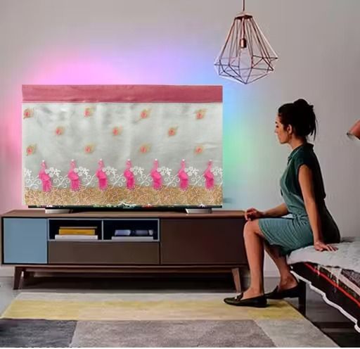 ANSHMJIMN Elegant Pink Embroidered TV Cover | Premium Dustproof & Washable Cover for 32 inch TV COVER - PINK MOR 32-image-3