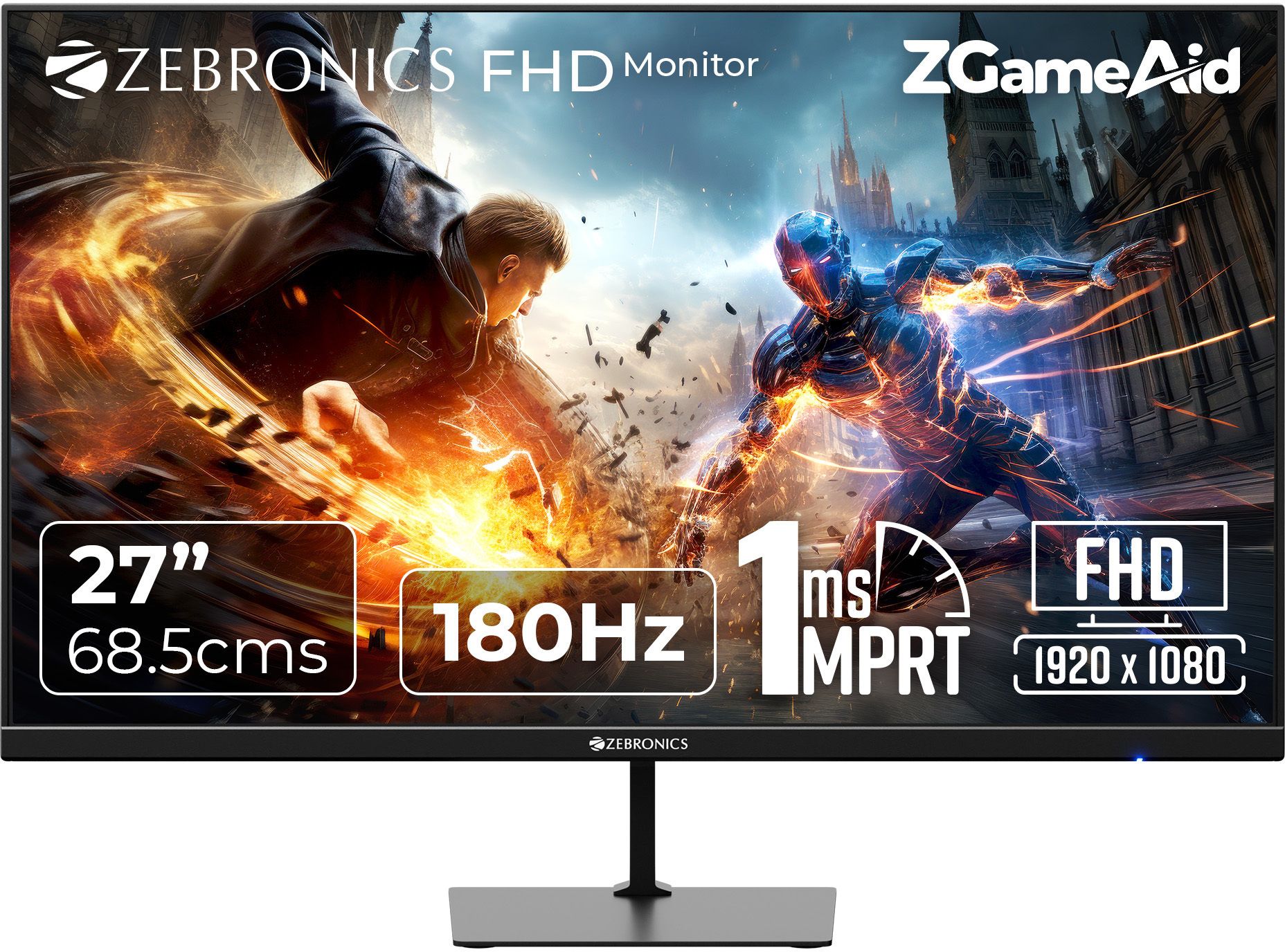 ZEBRONICS 68.58 cm (27 inch) Full HD IPS Panel with 300 Nits Brightness, HDR10, 99% sRGB 1 x DP, 1 x HDMI, 1 x 3.5mm, Built-in Speakers Anti-glare Display Gaming Monitor (ZEB-IGM 102,ZEB-N27A)