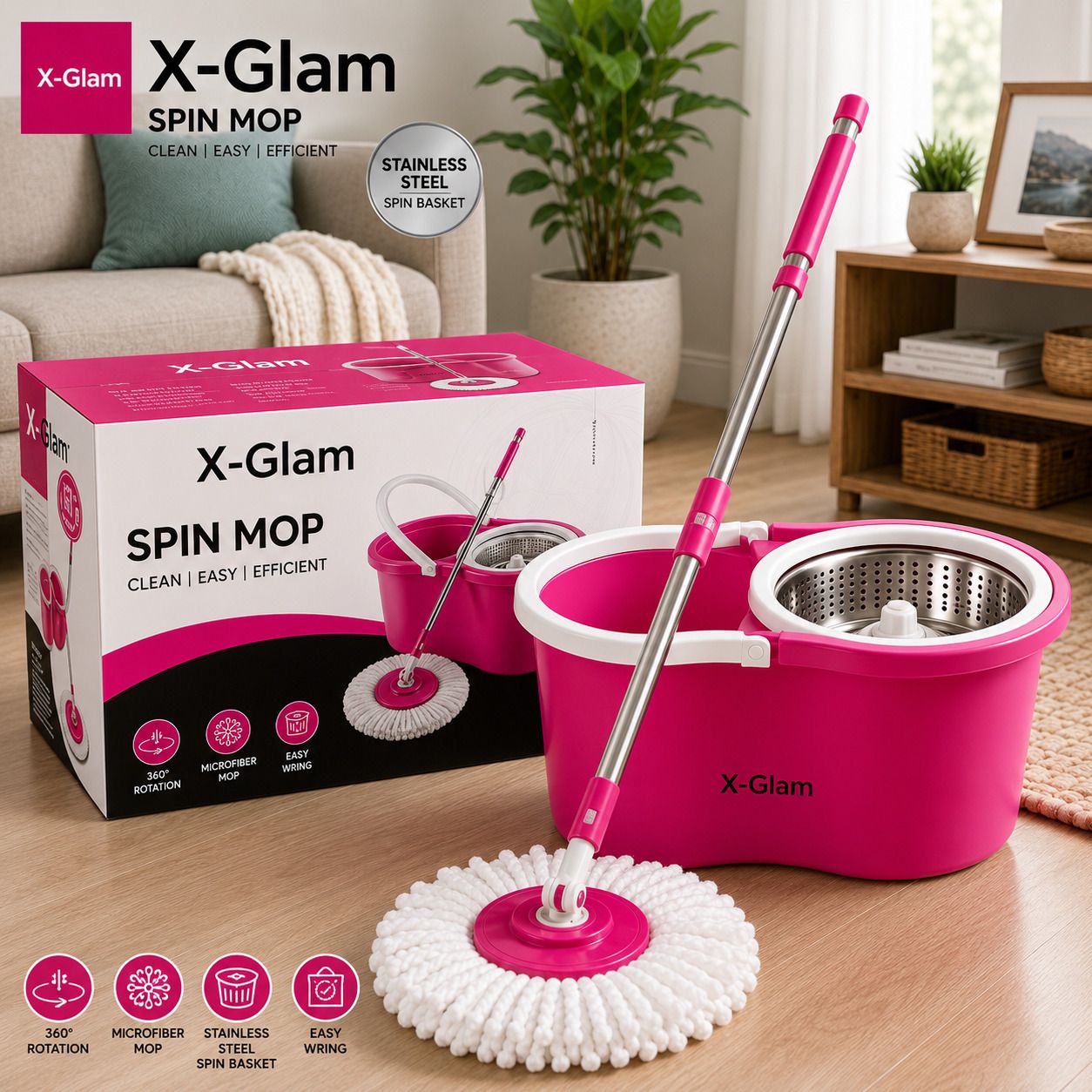 Premium 360° Spin Mop Bucket Set with Stainless Steel Wringer & 2 Mop Heads Mop Set-image-22