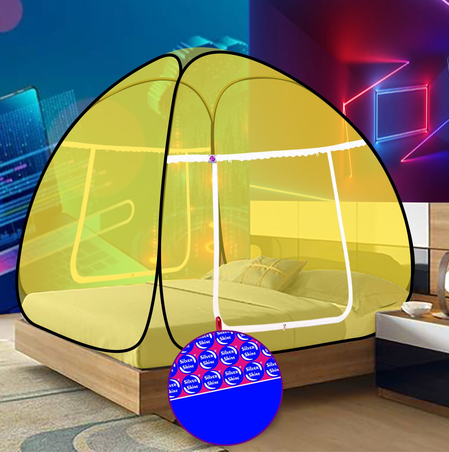 Mosquito Net Polyester Foldable for king size yellow And Yellow Color Patti Polyester Washable Adults Mosquito Net-image-24