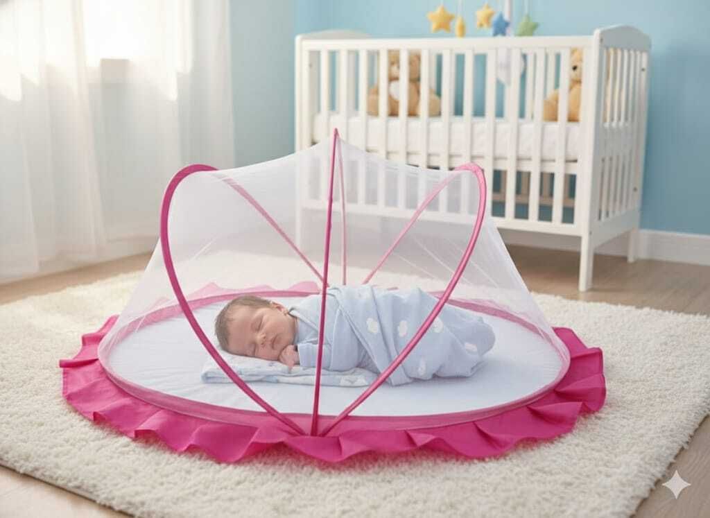 White pink border crib Polyester Washable Kids Mosquito Net-image-16