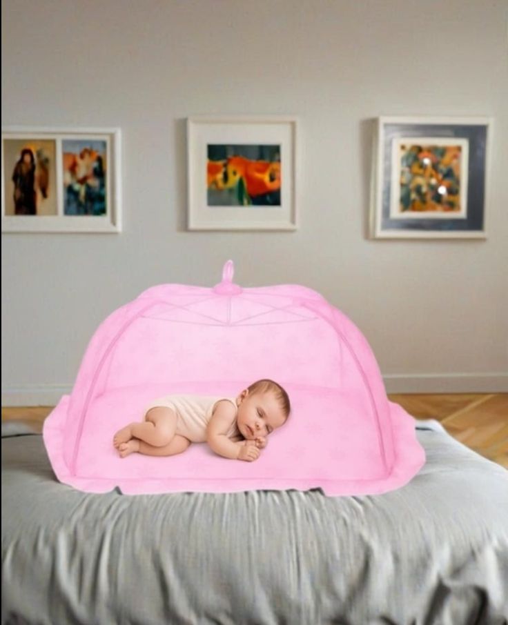Nylon Kids Washable Baby Sleeping Foldable Mosquito Net – Pink | Portable Infant Bed Net Mosquito Net-image-1