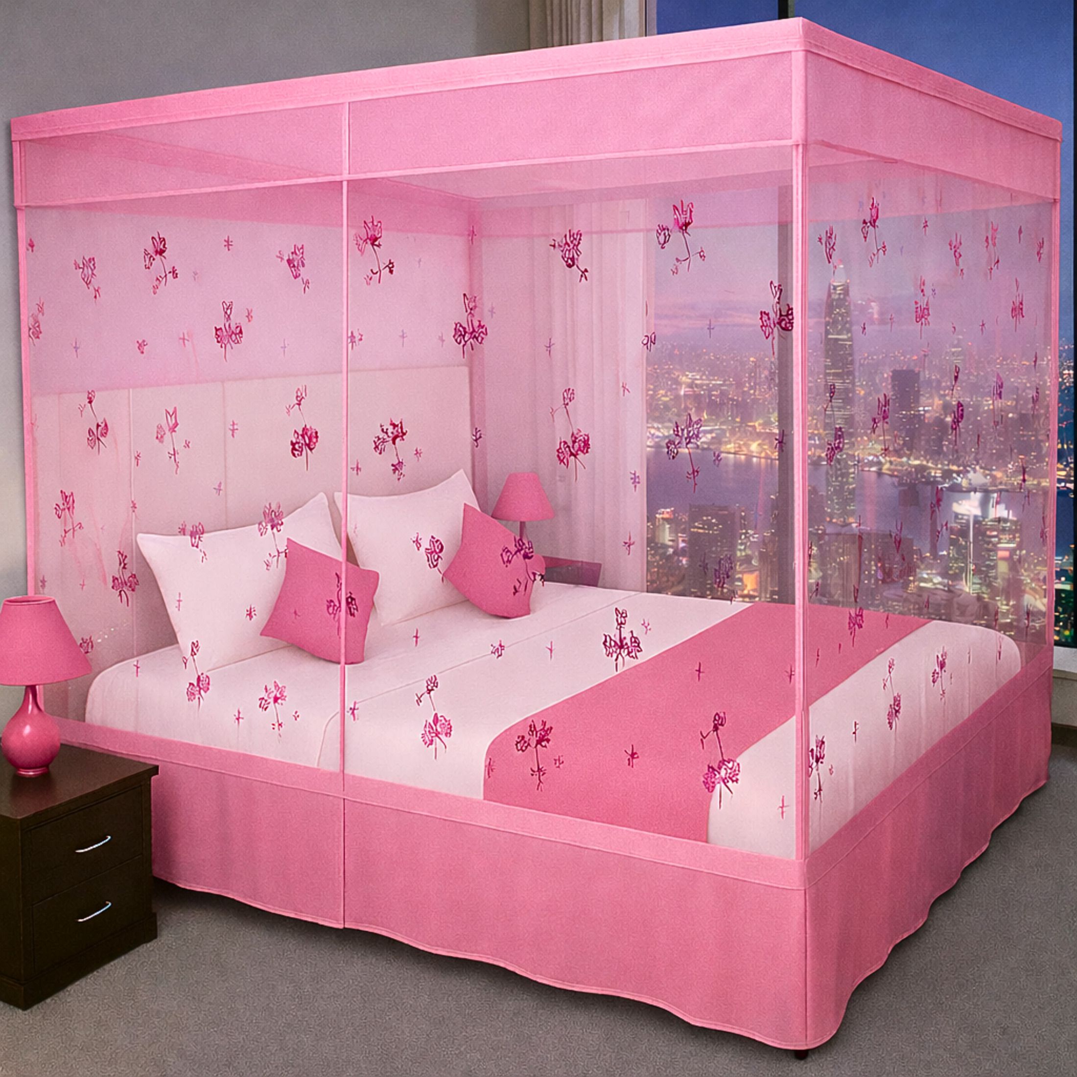 Pink Color, Double Bed Premium Quality Flower Print Mosquito Net HDPE - High Density Poly Ethylene Washable Adults Mosquito Net-image-28