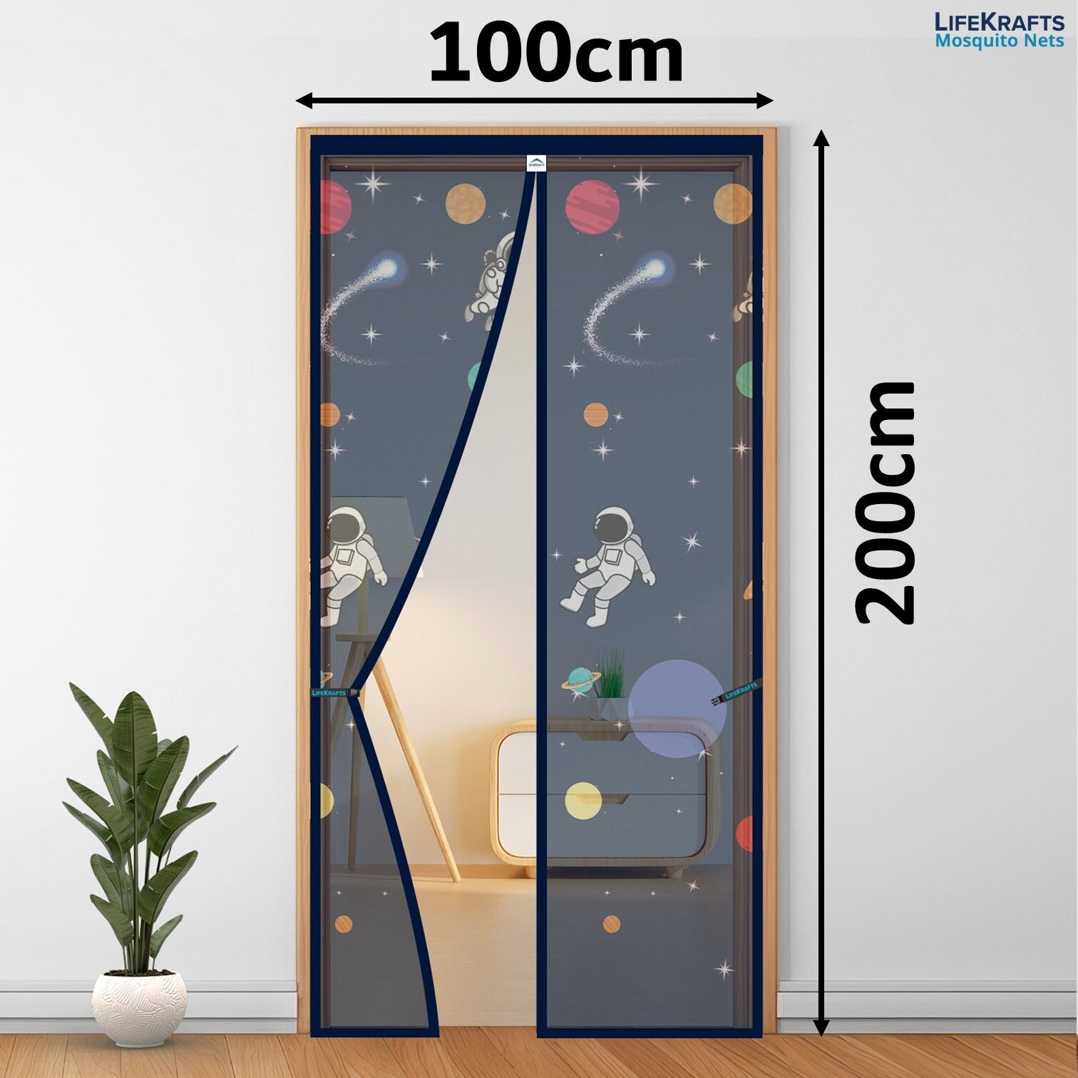 Polyester Adults Washable Door Mosquito Net with Magnets Color Planet Theme With Blue Background Mosquito Net