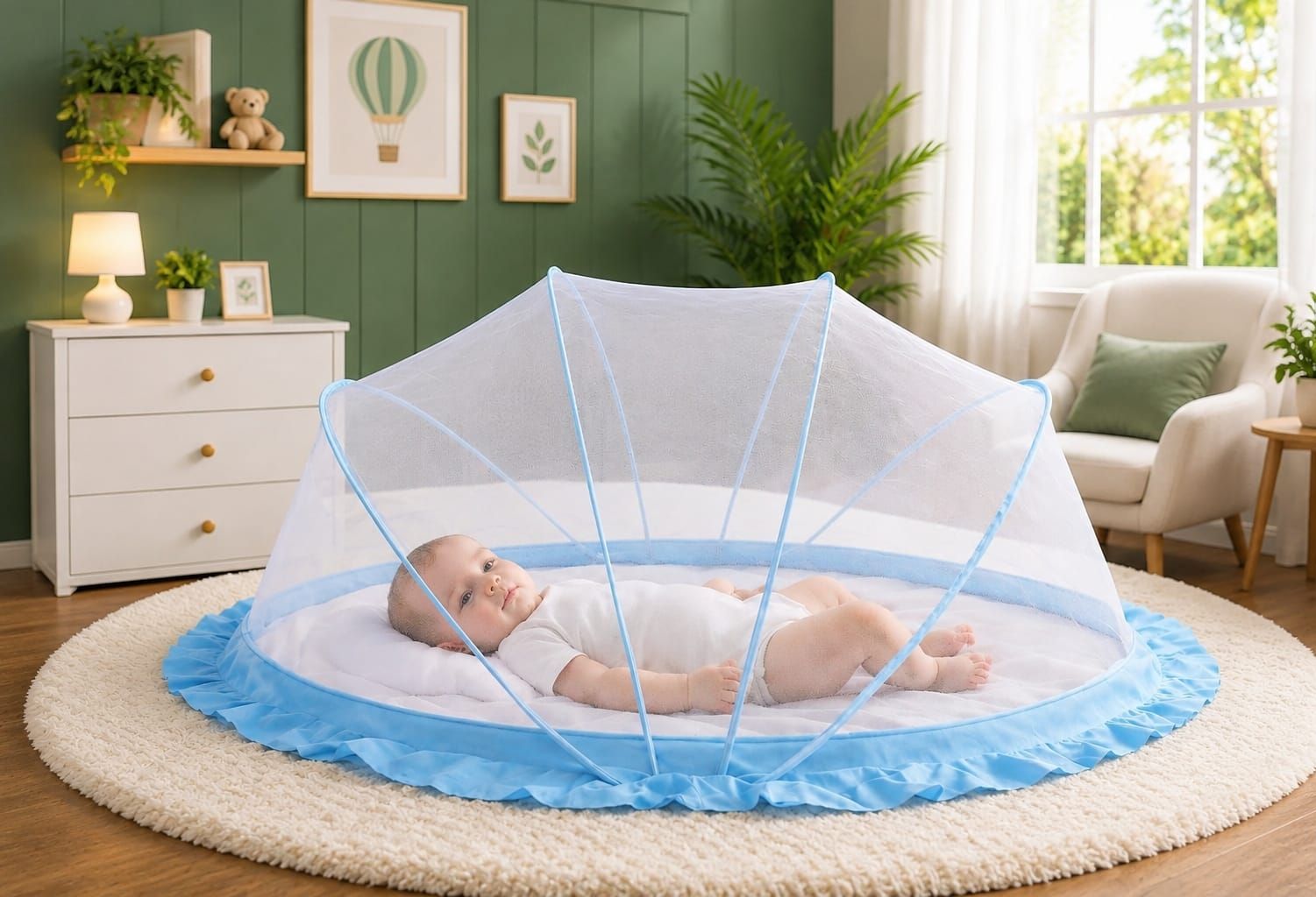 White colour net and sky colour bottom Tape premium quality mosquito net Cotton Washable Kids Mosquito Net-image-31