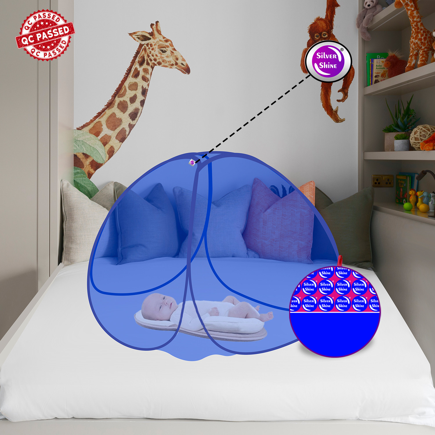 silver shine Polyester Kids Washable Polyester Washable Foldable Baby Mosquito Net Tent for Blue Color Mosquito Net image 1