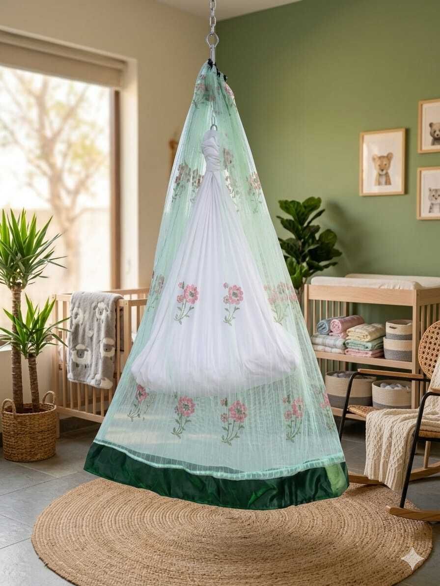 BreeZara Floral Hanging Baby Cradle with Mosquito Net, Mint Green Polyester Washable Kids Mosquito Net-image-10