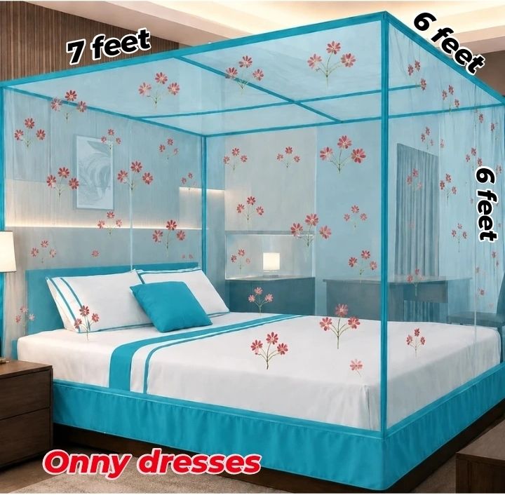 Family mosquito net double bed blue flower prenting & design (6×7) HDPE - High Density Poly Ethylene Washable Infants Mosquito Net-image-35