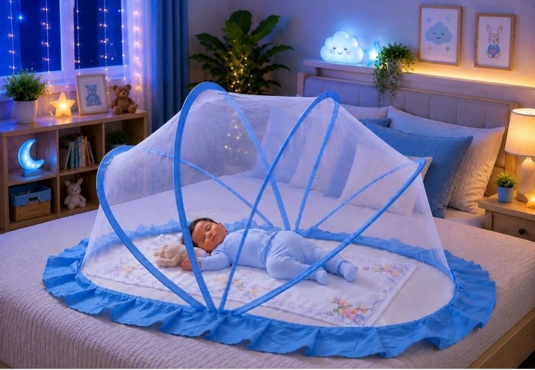 White net sky blue base baby crib foldable mosquito net premium quality HDPE - High Density Poly Ethylene Washable Kids Mosquito Net-image-12