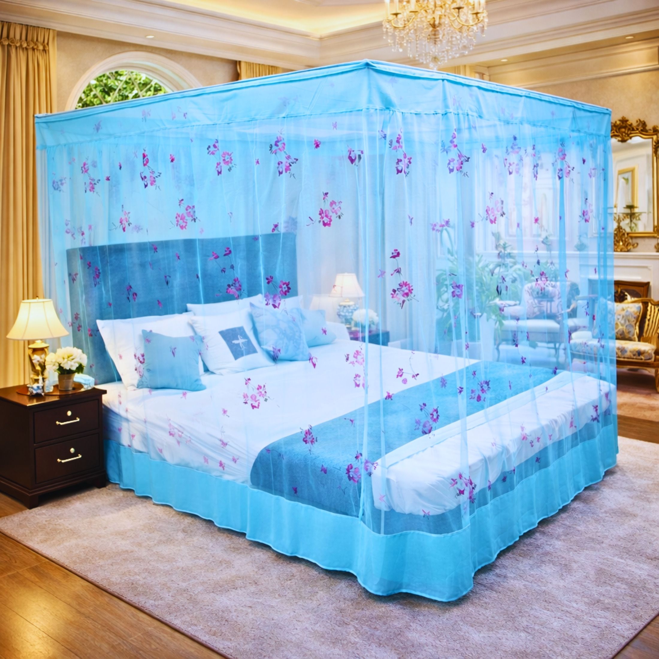 ss enterprise Blue Color, Flower Print Mosquito Net for Queen Size Bed with Cotton Tape HDPE - High Density Poly Ethylene Washable Adults Mosquito Net-picture-10