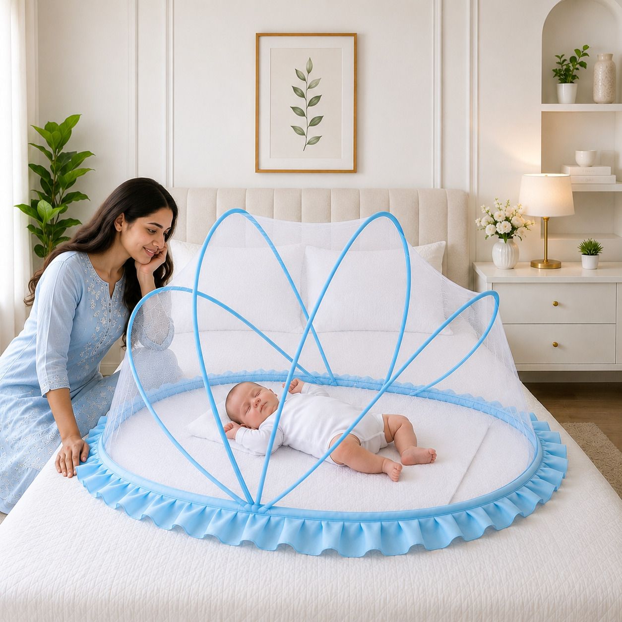 Premium quality folding infant mosquito net ( skyblue + white colour ) HDPE - High Density Poly Ethylene Washable Kids Mosquito Net-image-24