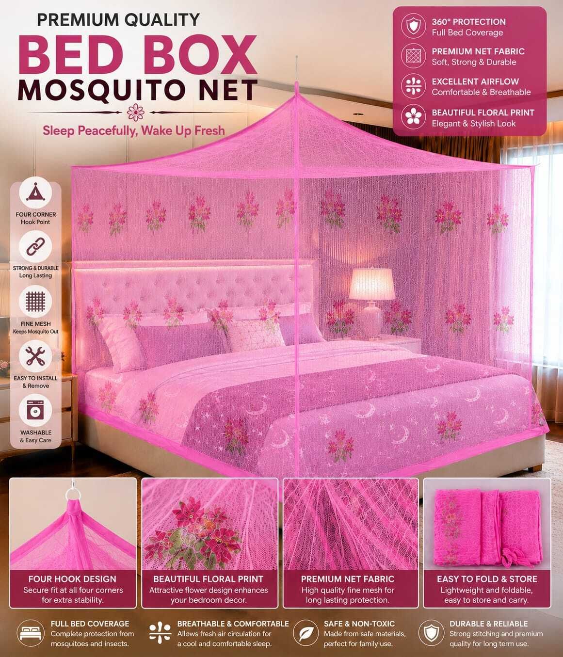 tuvuzum Premium Floral Fine Mesh Mosquito Net 6x8 Nylon Washable Adults Mosquito Net-picture-27