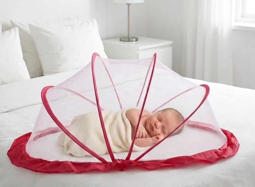 maisha BreeZara Premium Foldable Baby Mosquito Net for Newborn (0-12 Months) - Red Polyester Washable Kids Mosquito Net-picture-9