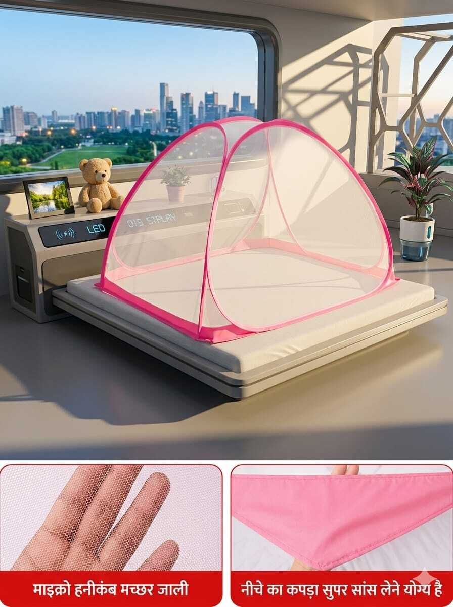 maisha BreeZara Premium Foldable Baby Mosquito Net for Newborn (0-12 Months) - pink Cotton Washable Kids Mosquito Net-picture-10