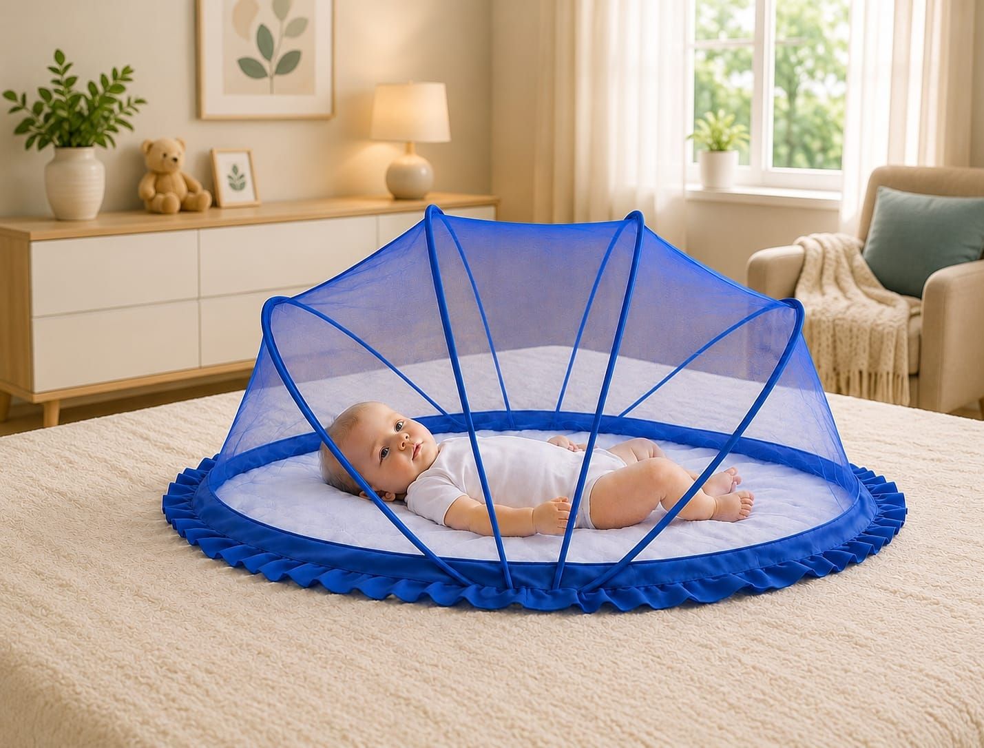 Blue colour premium quality pop-up design baby mosquito net Cotton Washable Kids Mosquito Net-image-1