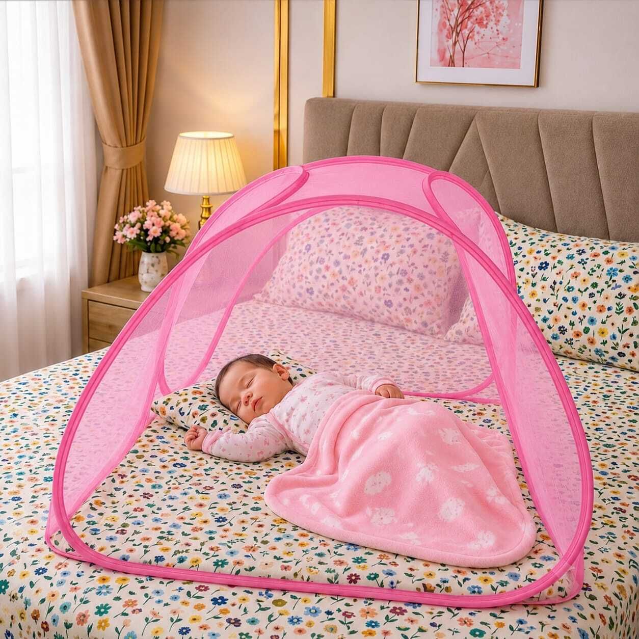 Baby Mosquito Net | Foldable Bottomless Baby Bed Net | Pink | 90 x 90 x 75 cm Polyester Washable Kids Mosquito Net-image-43