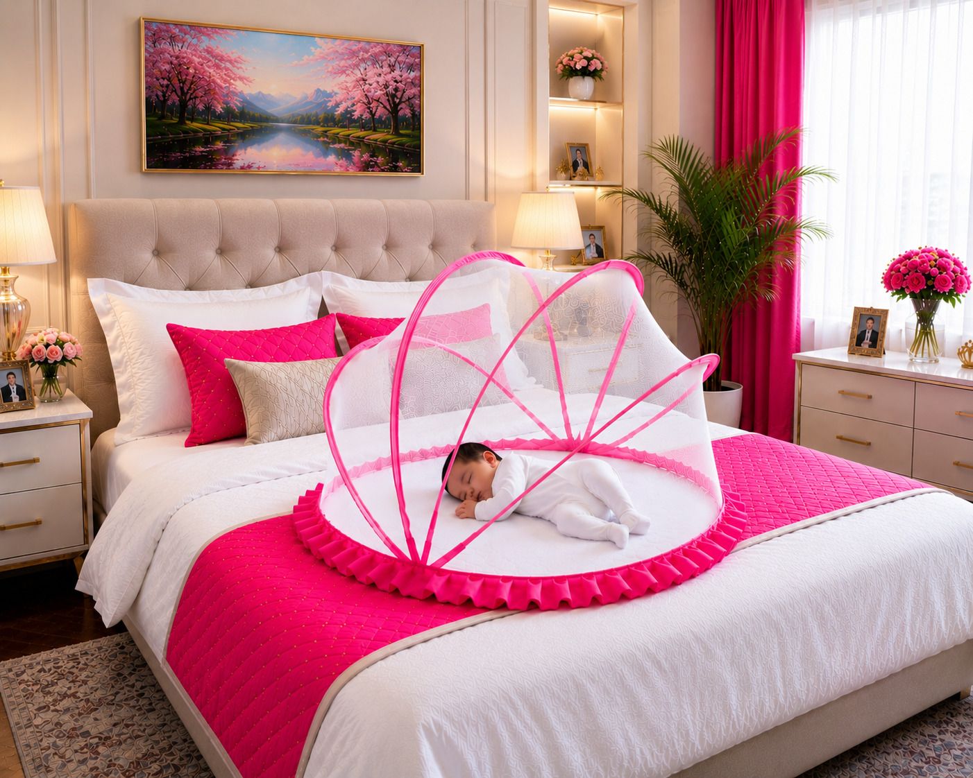 Baby mosquito net foldable kids (size 0 to 24 month old baby)(WHITE PINK) Cotton Washable Kids Mosquito Net-image-36