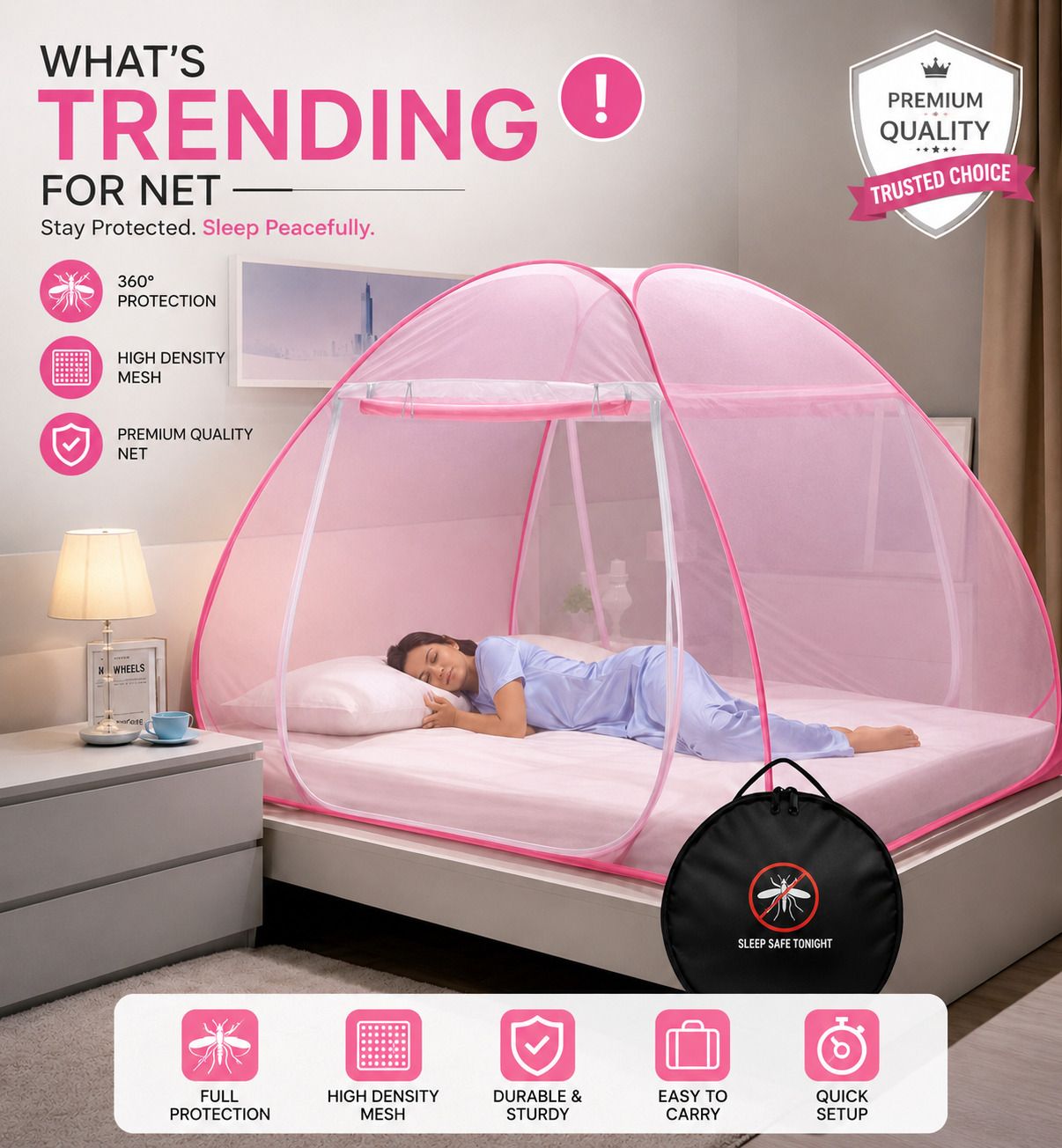 virox Premium Foldable Double Bed Mosquito Net With Strong Frame & Full Protection Polyester Washable Adults Mosquito Net-picture-26
