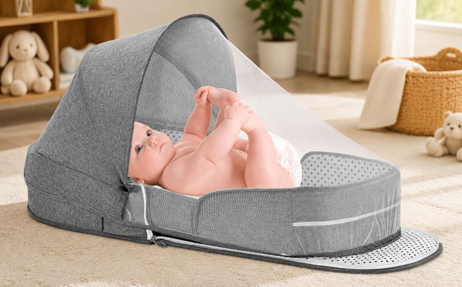 deoxys Portable Travel Bassinet for Foldable Baby Crib with Detachable Polyester Washable Kids Mosquito Net-picture-4