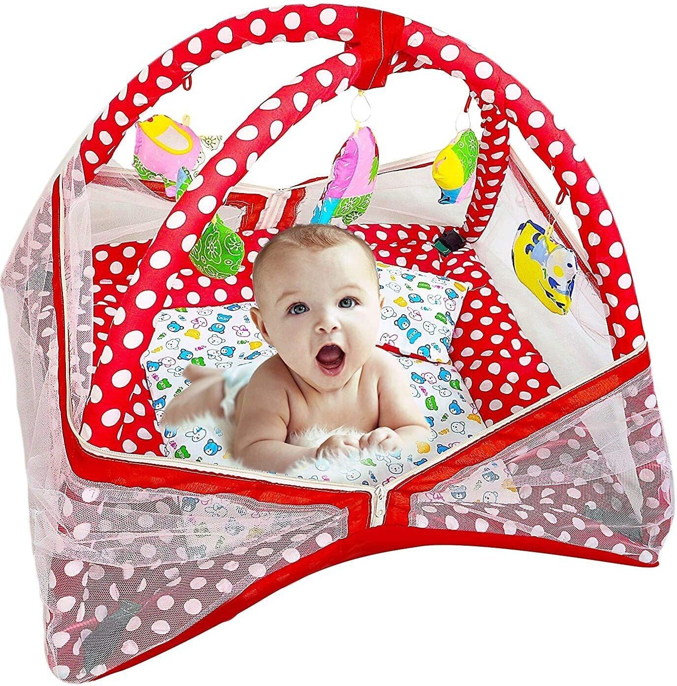 Polyester Kids Washable Unisex Baby Bedding Set Play Gym with Mosquito Net Cum Sleeping Bed (Dot Red) Mosquito Net-image-20