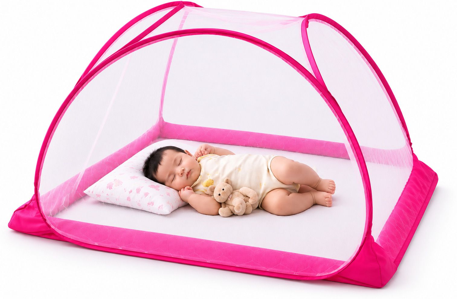 Baby Foldable Mosquito Net | Pop-Up Bed Tent | Pink Border HDPE - High Density Poly Ethylene Washable Infants Mosquito Net-image-33
