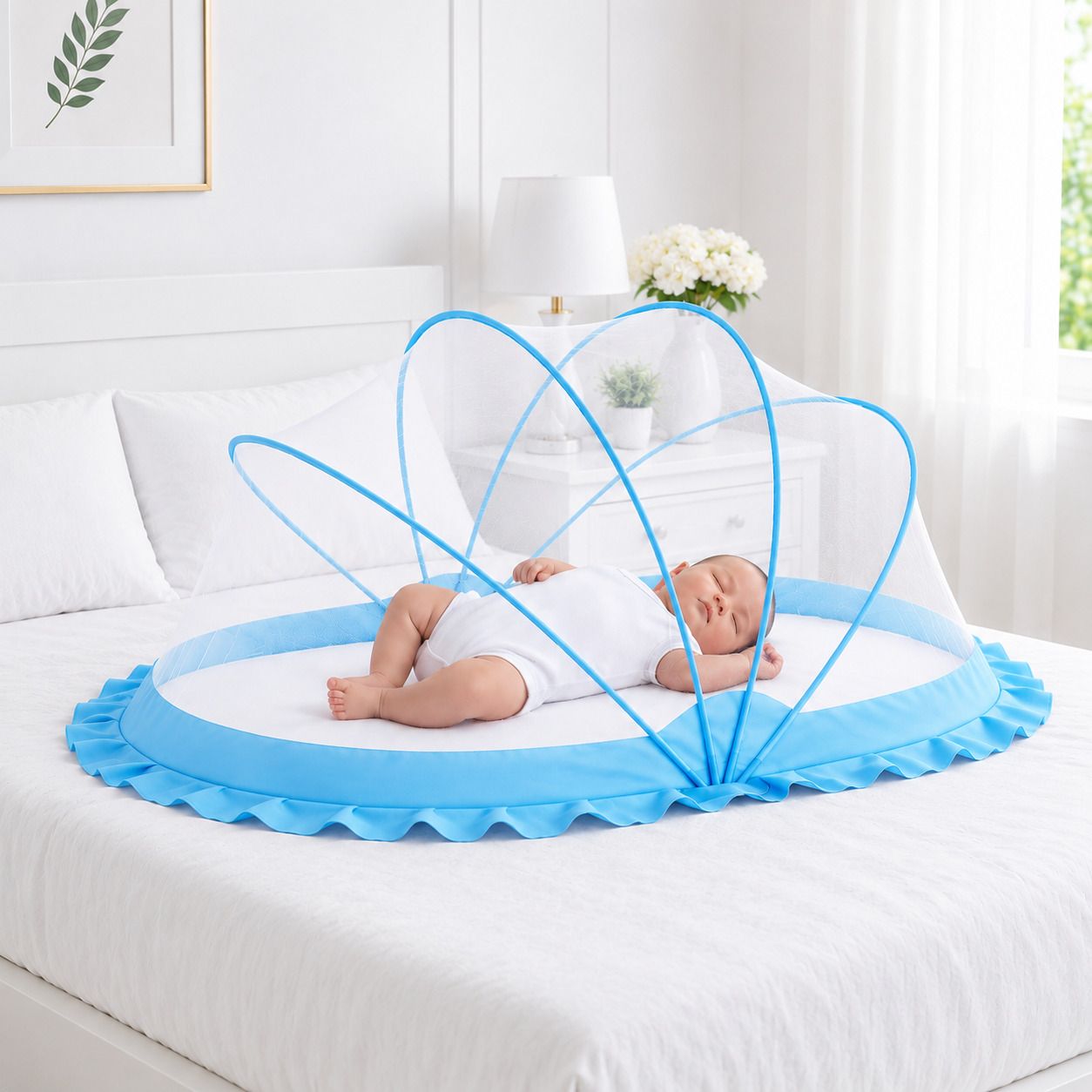 Premium quality foldable baby mosquito net ( skyblue + white ) HDPE - High Density Poly Ethylene Washable Infants Mosquito Net-image-18