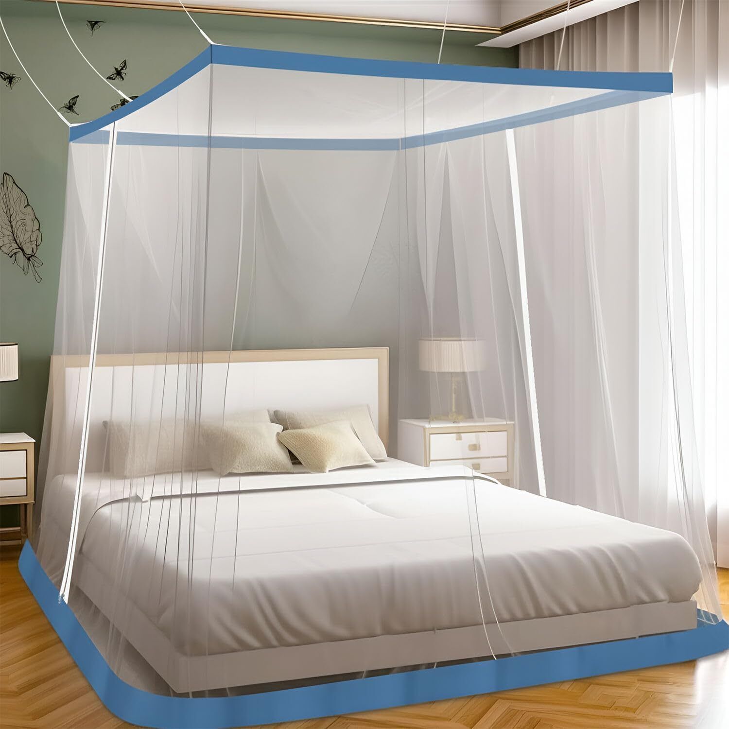 Queen Premium Polyester Machardani 5ft x 6.5ft White Blue Border Polyester Washable Adults Mosquito Net-image-46