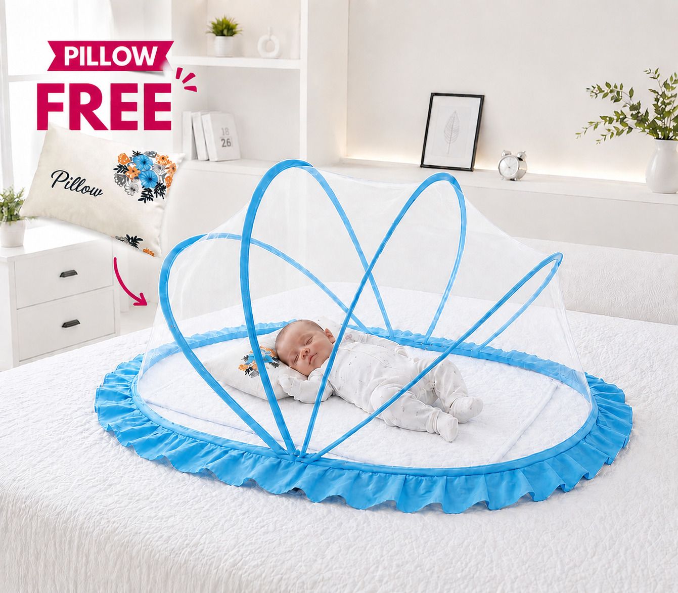Premium foldable baby mosquito net with free pillow ( skyblue + white ) HDPE - High Density Poly Ethylene Washable Kids Mosquito Net-image-22
