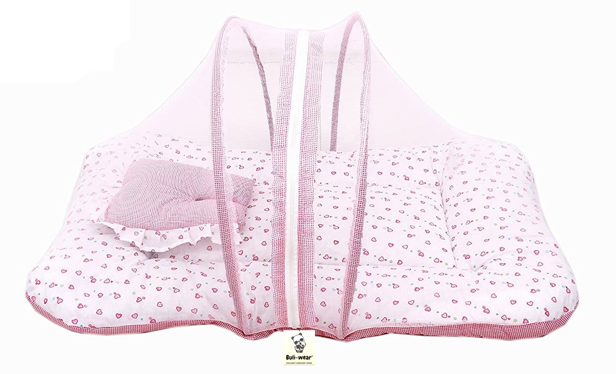 Polyester Infants Washable Buli Wear Super Soft , Cotton Baby Mattress with Net - Bedding Set (0-6 Months ,Pink Dil) Mosquito Net-image-6