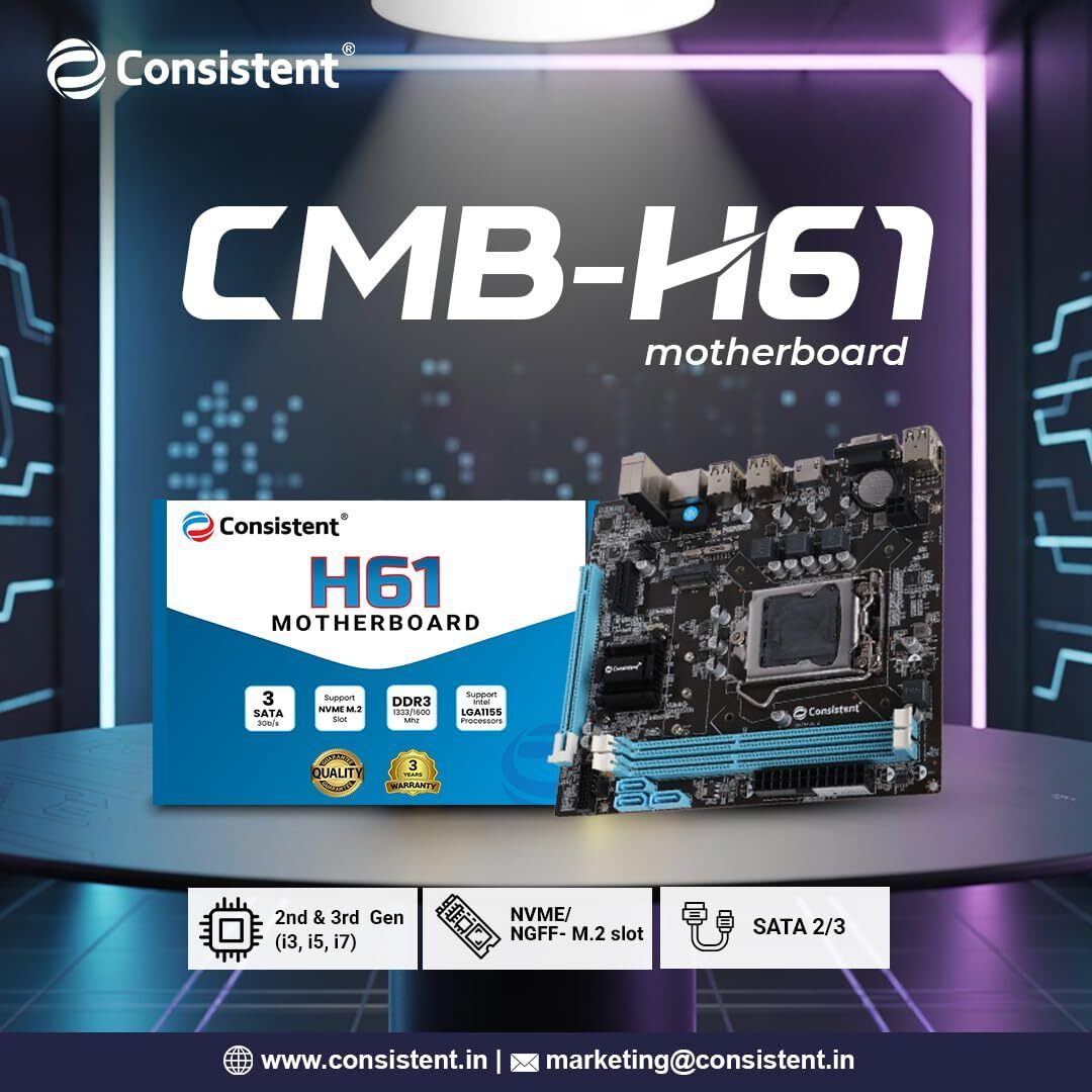 Electrokaart Consistent H61 Motherboard with 2xDDR3 RAM Slot NVMe Support i3/i5/i7 Processor LGA 1155Socket ATX Intel H61 Chipset DDR3 Motherboard for Desktop