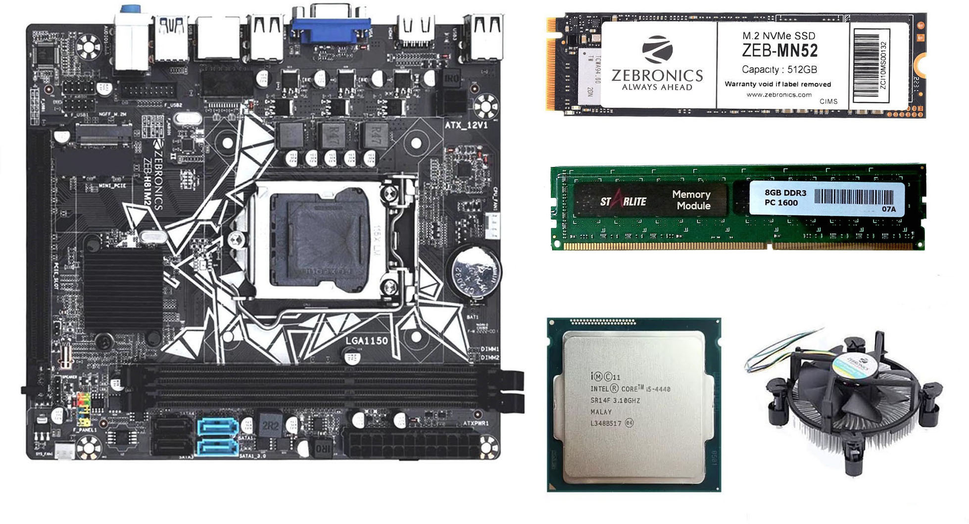 ZEBRONICS H81M2+512GB NVME SSD + 8GB starlite DDR3 RAM with CORE i5 4TH GEN CPU Comboset LGA 1150Socket ATX Intel H81 Express Chipset DDR3 Motherboard for Desktop image 1