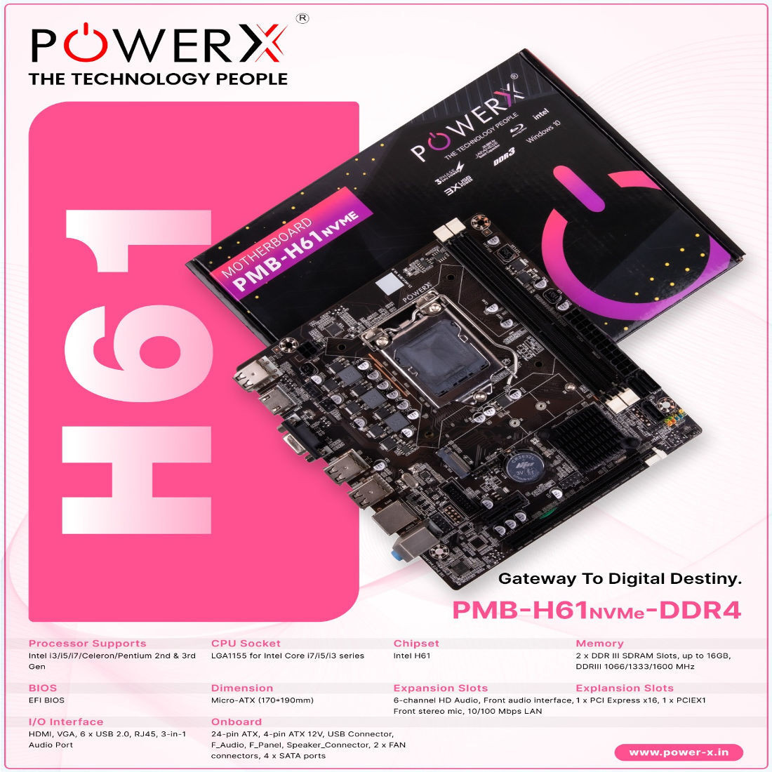 powerx 9849553149 LGA 1155Socket ATX Intel H61 Chipset DDR3 Motherboard for Desktop image 1
