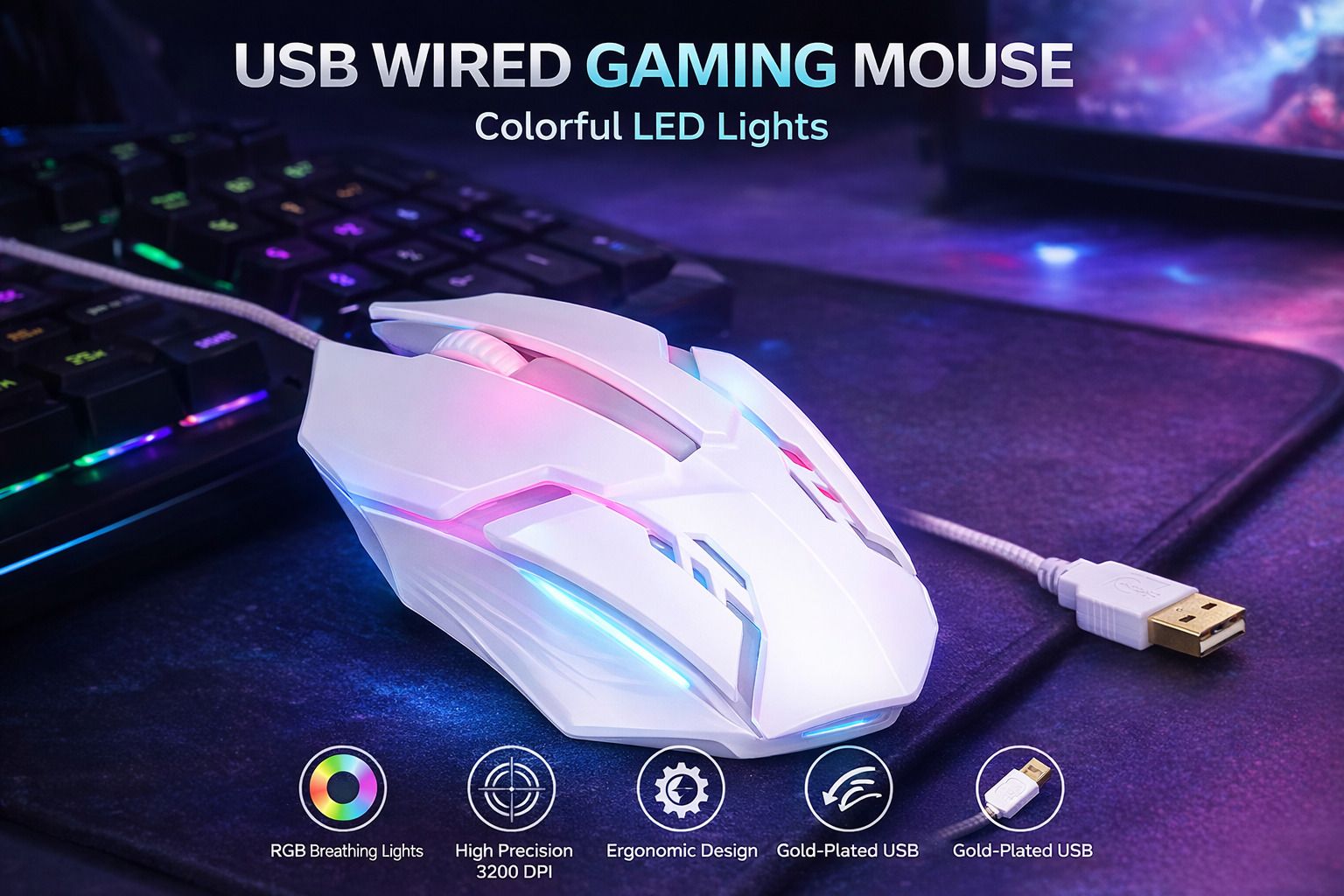 ABC RGB LED Wired Gaming Mouse 1200 DPI Ergonomic USB Optical Mouse White Wired Right Handed Optical Gaming Mouse-picture-41