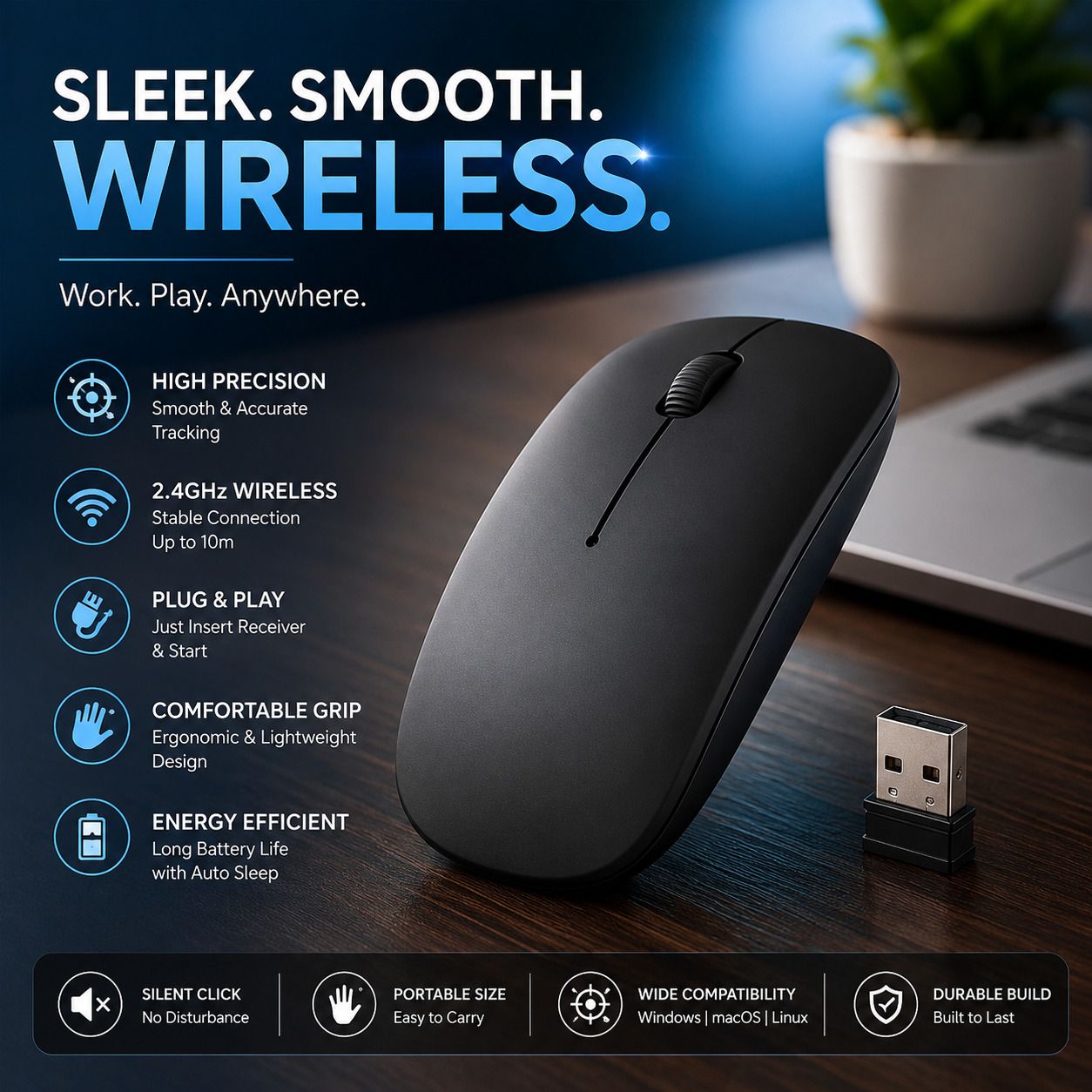 ABC 2.4GHz Wireless Mouse | Silent Click Ergonomic USB Mouse Right Handed Optical Gaming Mouse-image-29
