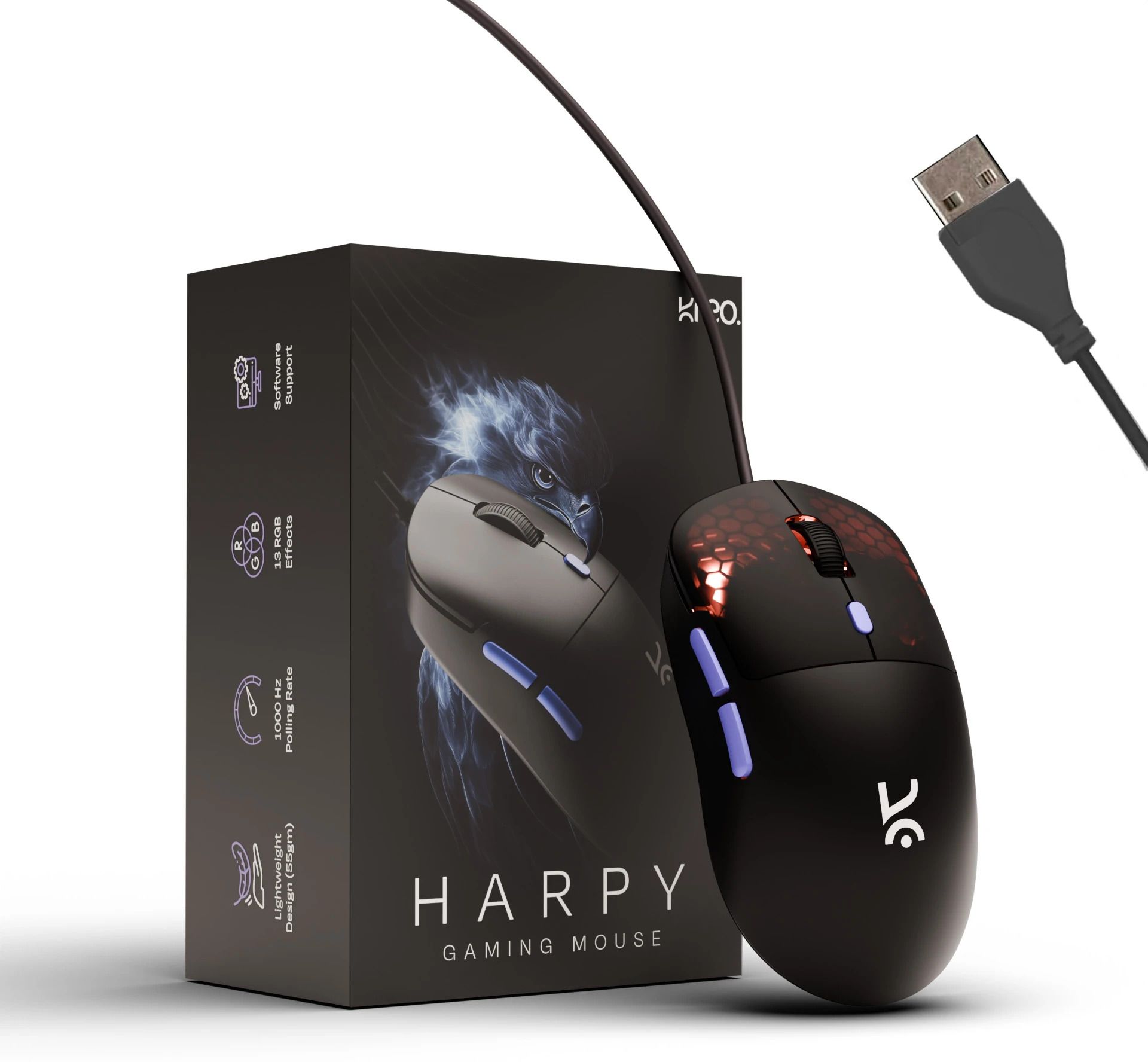 Kreo Harpy 55g Ultra-Light Customizable RGB Gaming Mouse Wired, 1000Hz, 12800DPI Wired Right Handed Mechanical Gaming Mouse-image-48
