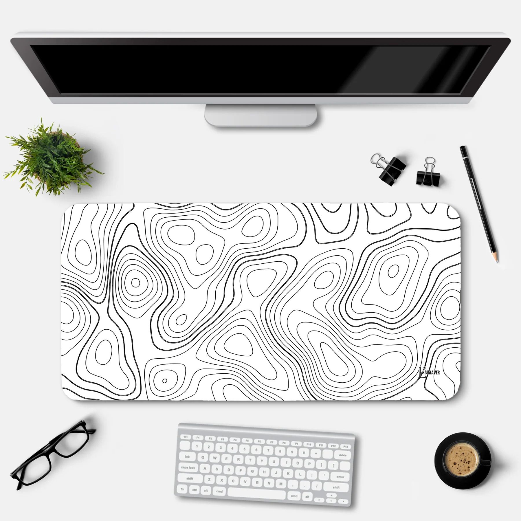 Eshaaver Topographic Pattern Desk Mouse Pad, Large Extended Size, White and Black Design. Non Slip Base Mousepad-image-25