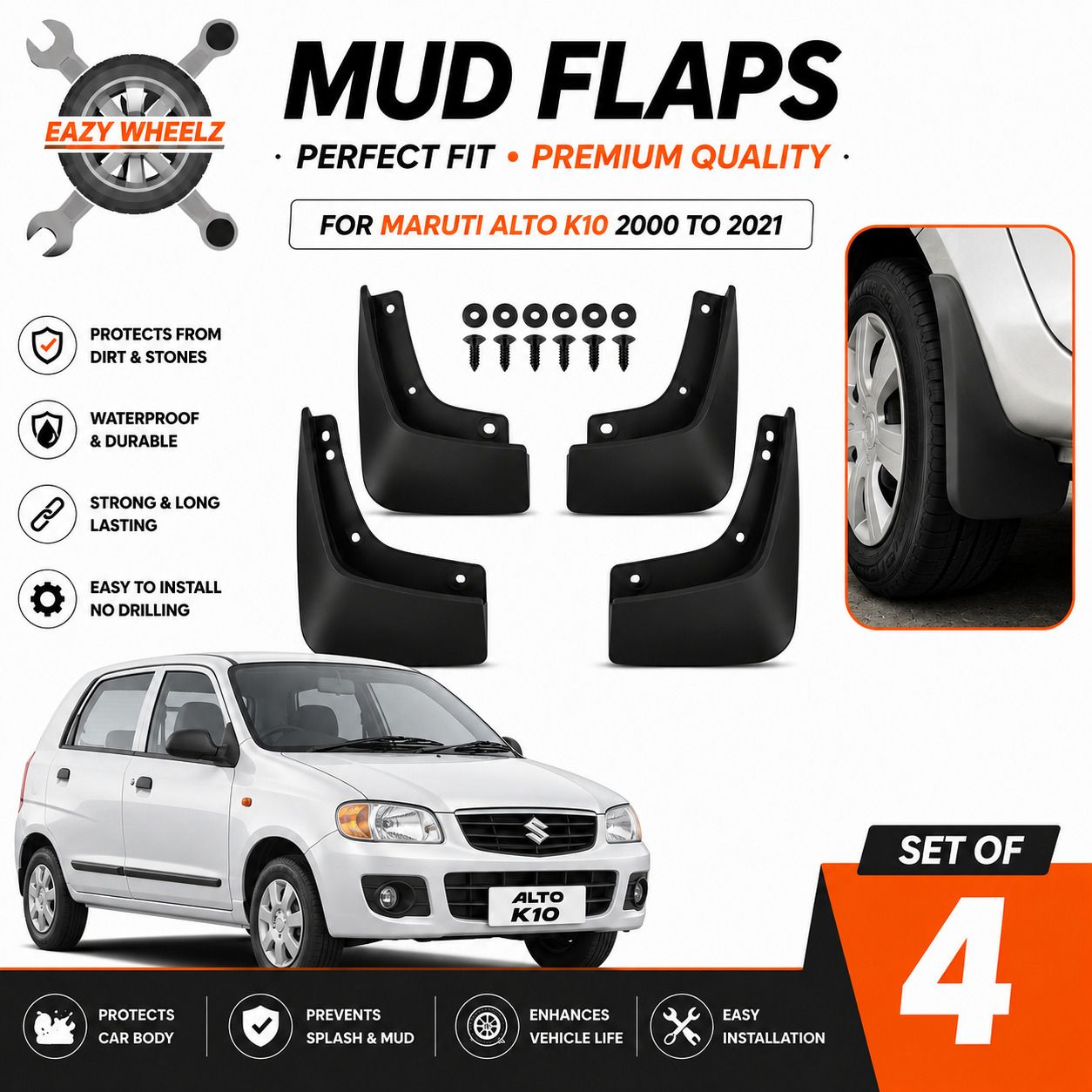 eazy wheelz Rear Mud Guard, Front Mud Guard, Mud Flap For Maruti EW_Alto K10 MUD FLAPS 2005, 2006, 2007, 2008, 2009, 2010, 2011, 2012, 2013, 2014, 2015, 2016, 2017, 2018, 2019, 2020, 2021-picture-10