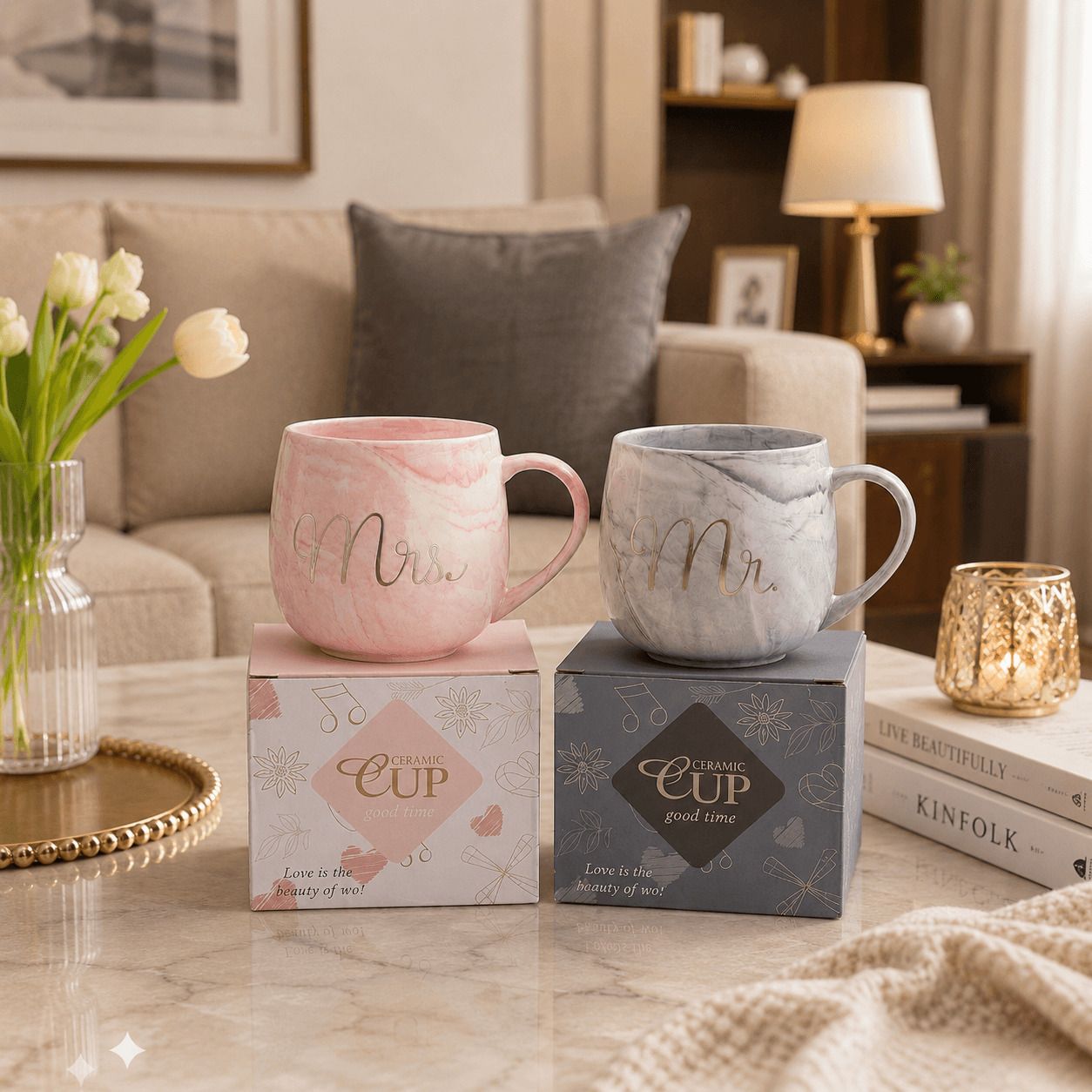 Modern Couple Ceramic Set with Handle 350 ml Mr & Mrs Pack of 2 for Cappucci Ceramic Coffee Mug-image-19